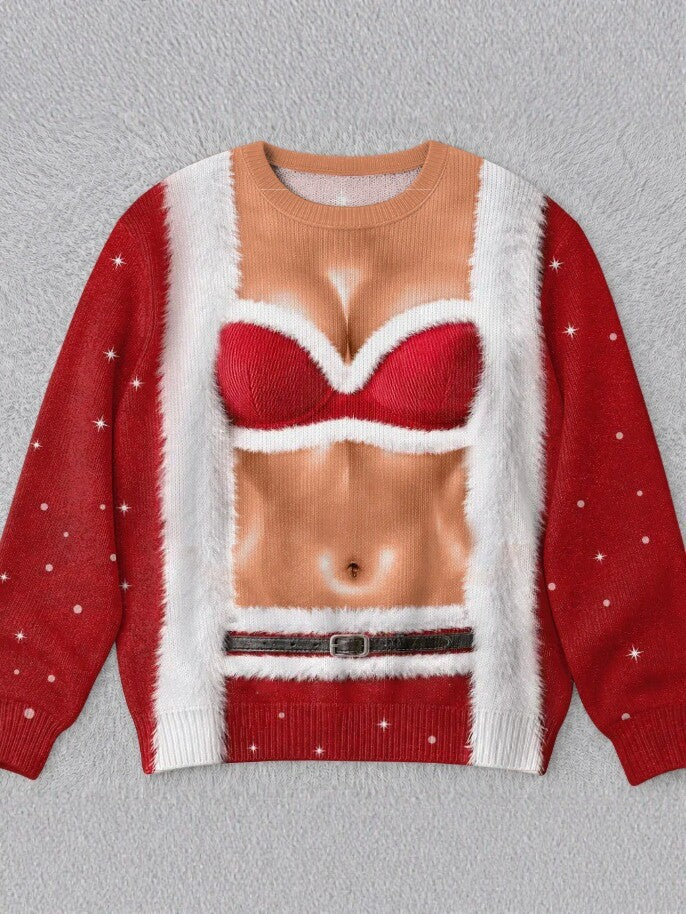 Womens 3D Printed Christmas Sweater Pullover Fleece Knit Top