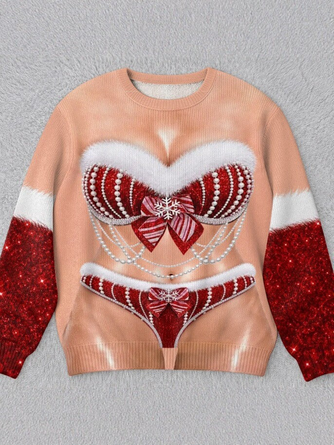 Womens 3D Printed Christmas Sweater Pullover Fleece Knit Top