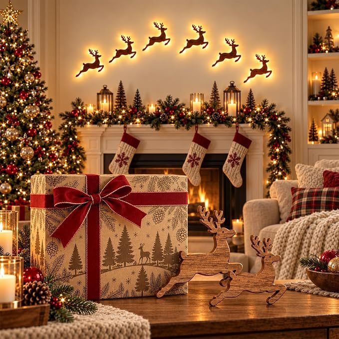 Christmas Wooden Reindeer Sleigh Decoration Set with Lights
