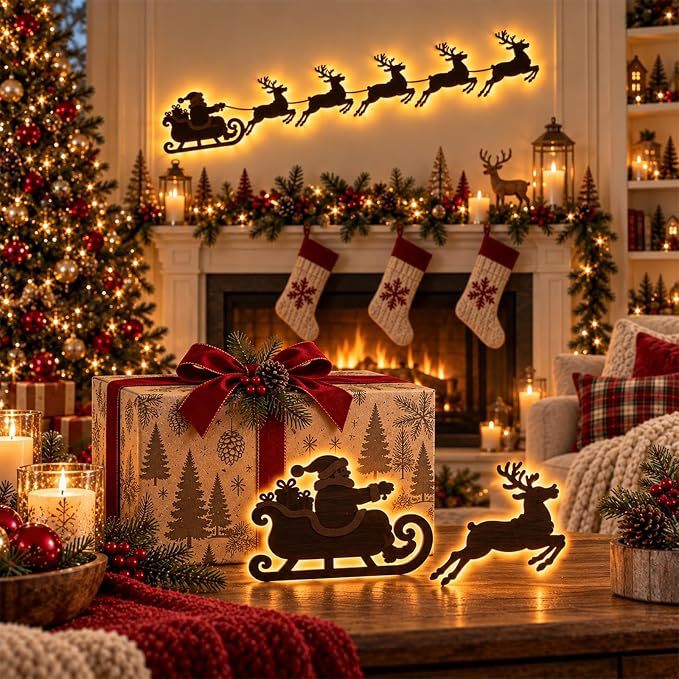 Christmas Wooden Reindeer Sleigh Decoration Set with Lights